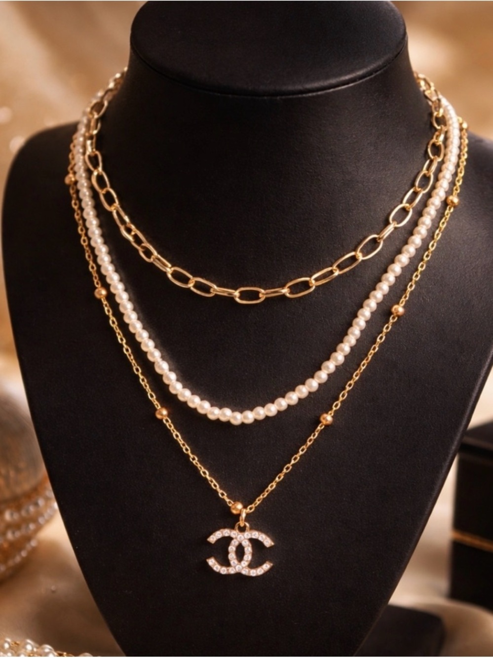 Gold Layered Pearl Necklace Set with Crystal CC Pendant